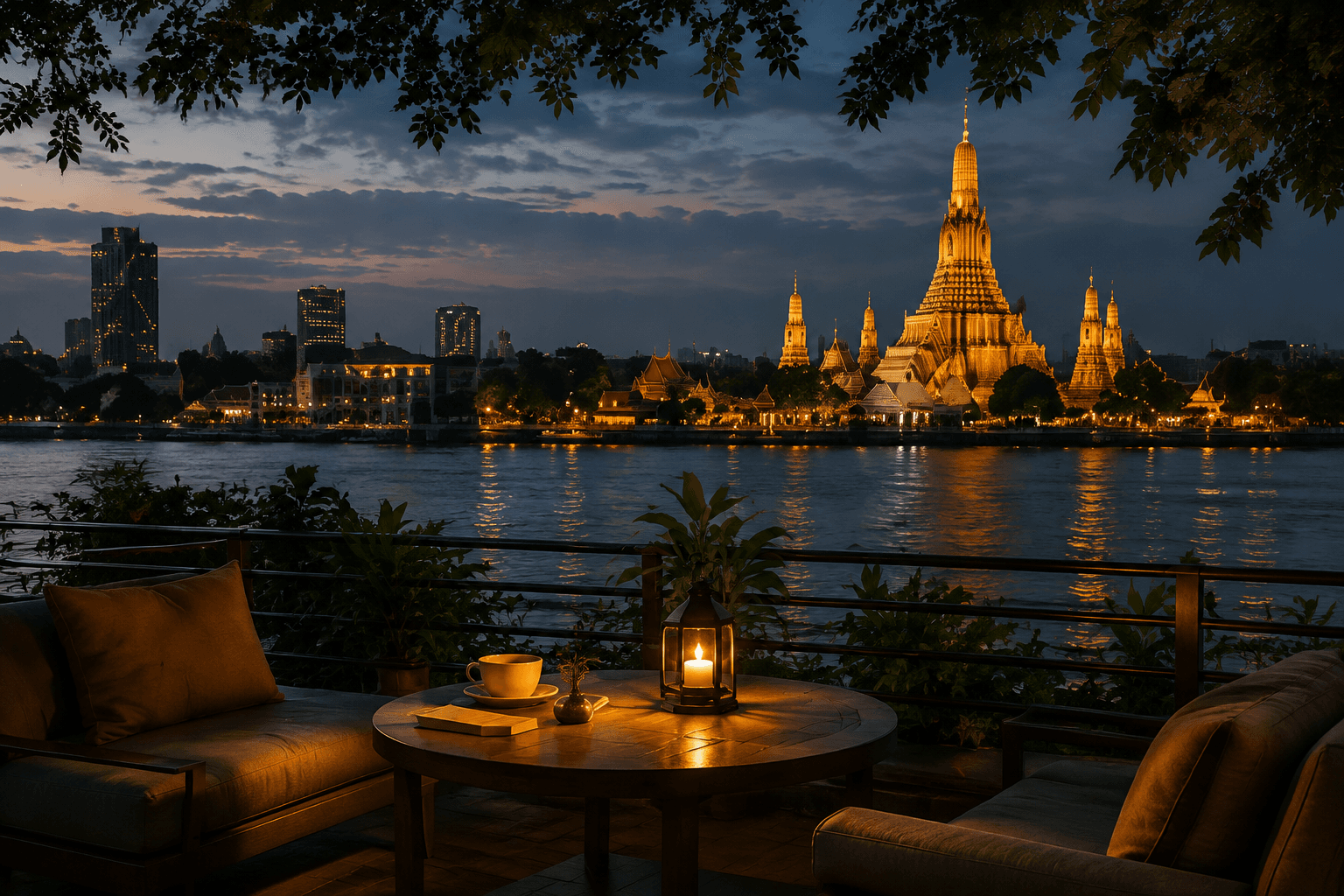 Illustrative riverside terrace at dusk