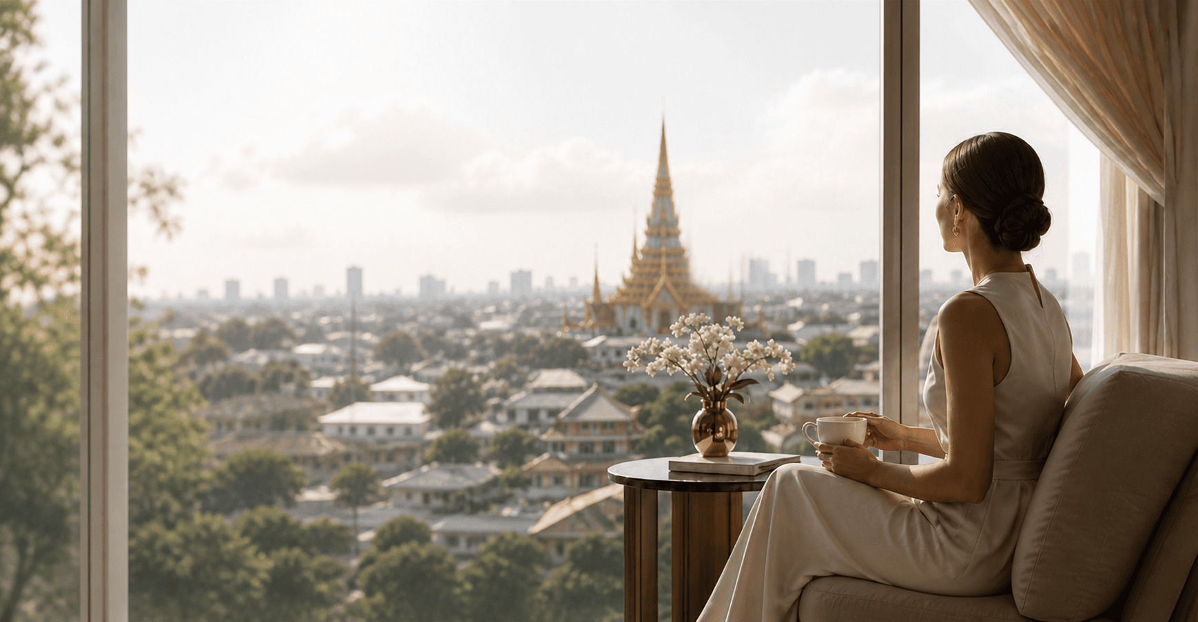 A woman enjoying a calm Bangkok view while planning her healthcare journey in Thailand.