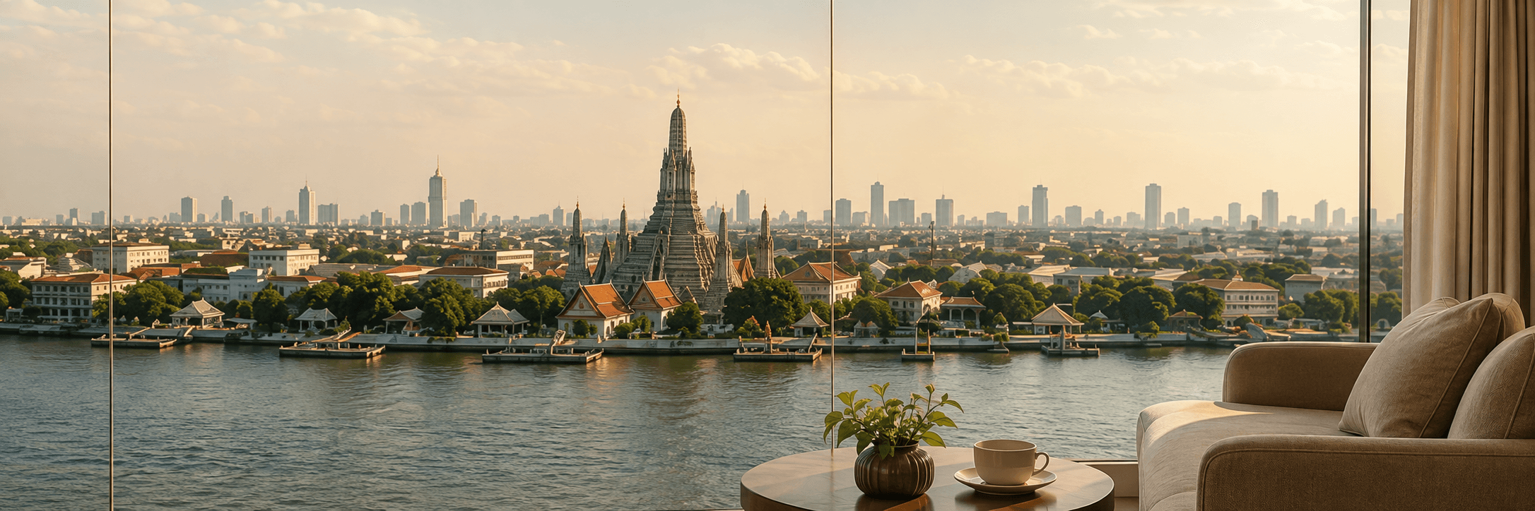 Illustrative Bangkok riverside view from a lounge