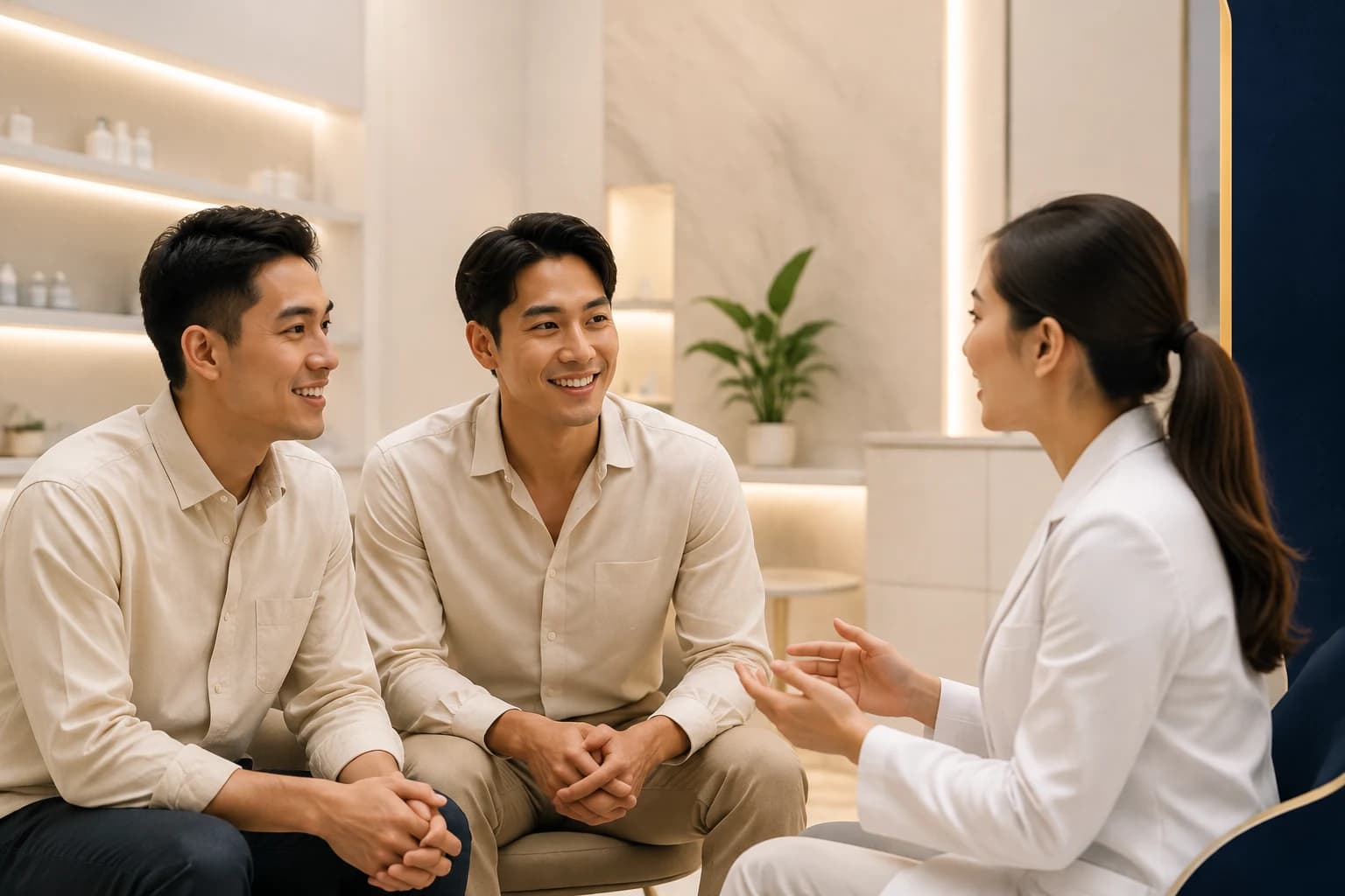 Illustrative scene of two adults talking with a clinician